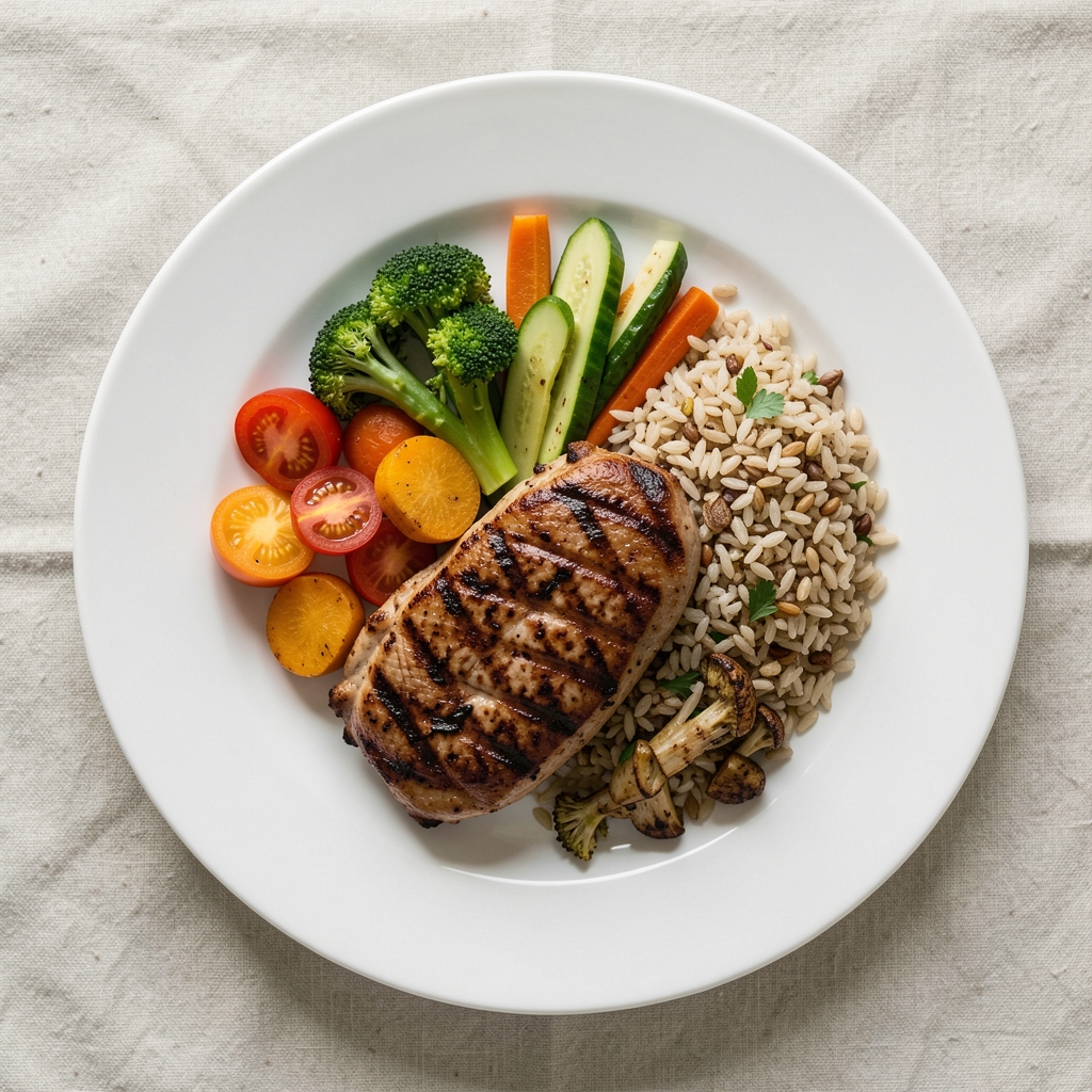 Overhead view of a carefully portioned meal with grilled chicken, steamed broccoli, brown rice, and sliced avocado on a ceramic plate