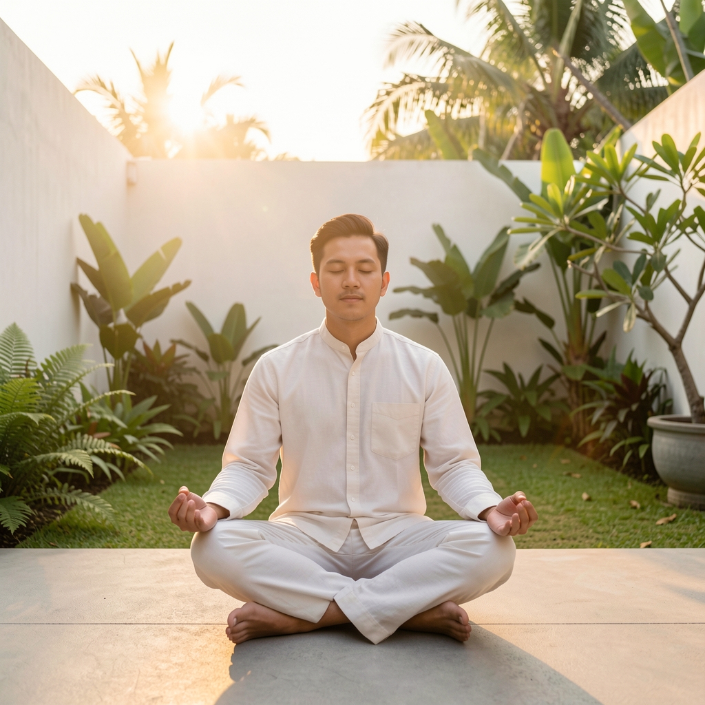 Man seated in quiet contemplation on a bamboo mat in a minimalist room with soft morning light filtering through sheer curtains